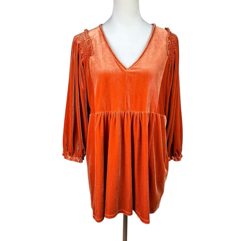 Umgee NWT Burnt Orange Velour Long Sleeve V-neck Babydoll Tunic Top Mini Dress